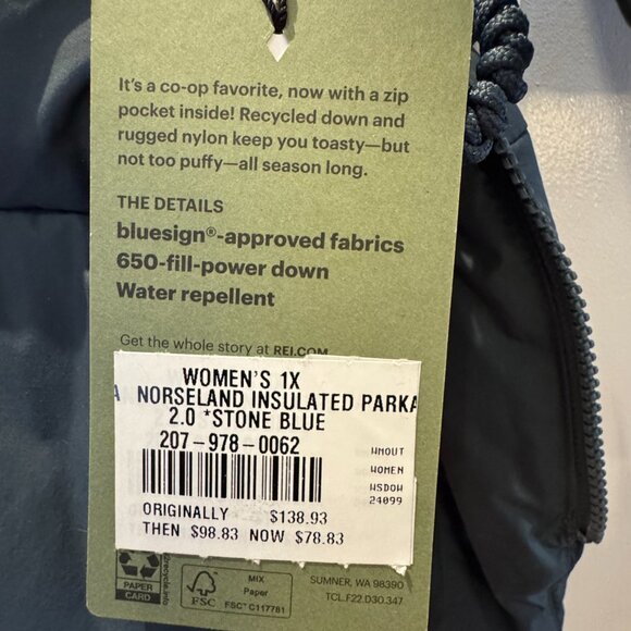 Hooded REI Coop Norseland Down Parka 2.0 Winter Car Coat Stone Blue Size 1X NWT - Picture 4 of 16